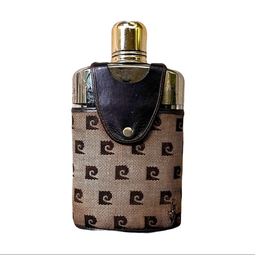 RARE Pierre Cardin Tan/Brown Signature Glass Metal Flask